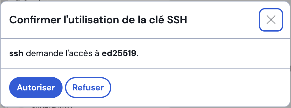 Demande d'autorisation d'utilisation d'une clé ssh